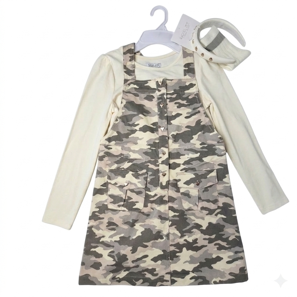 NWT Rachel Zoe Girls 4-Pc Camo Jumper Set Headband Socks Dress Outfit - Size 8